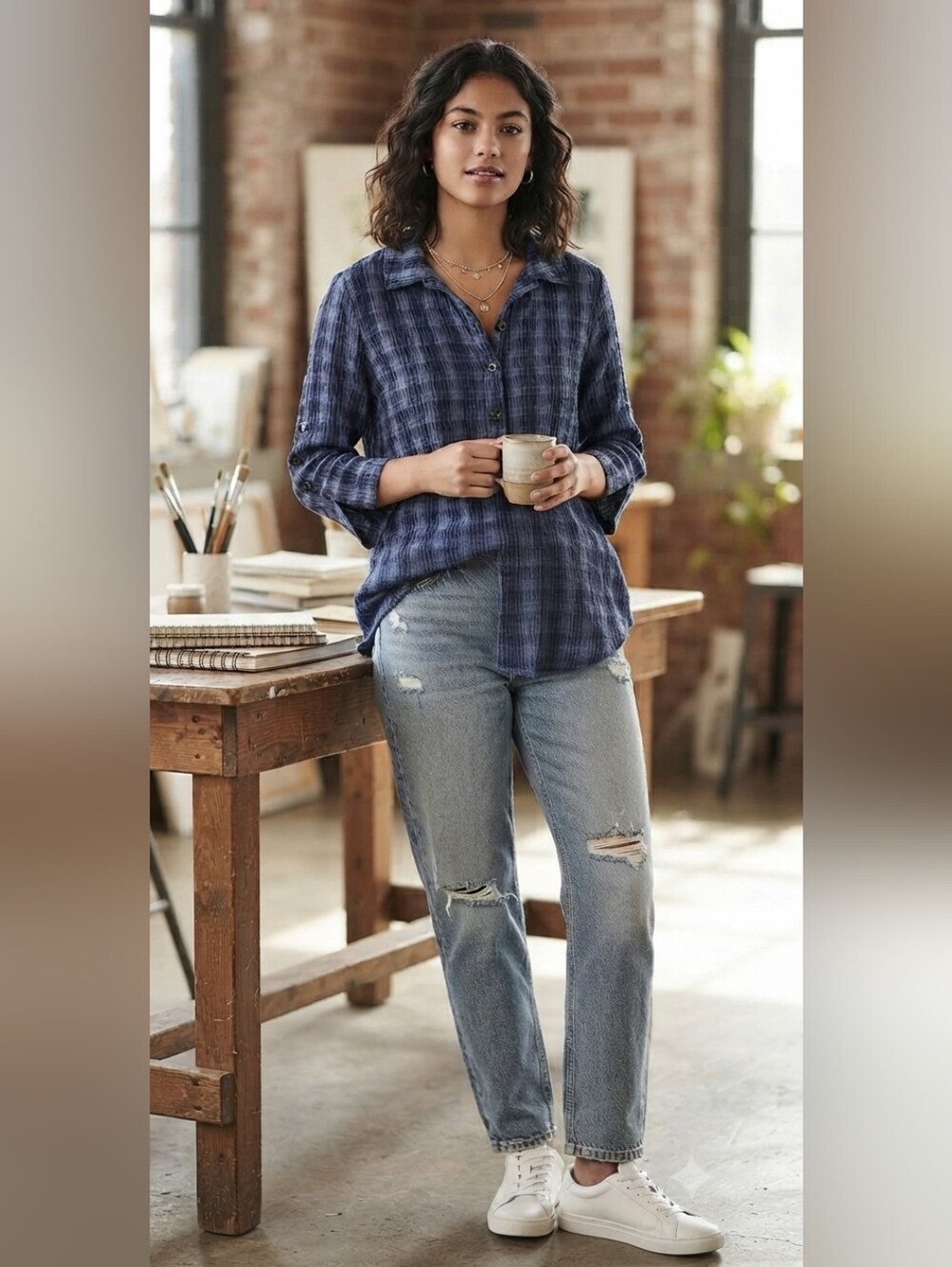 HABITAT CLOTHING TO LIVE IN BLUE CHECK SHIRT TOP BLOUSE  WOMENS SIZE MEDIUM‎